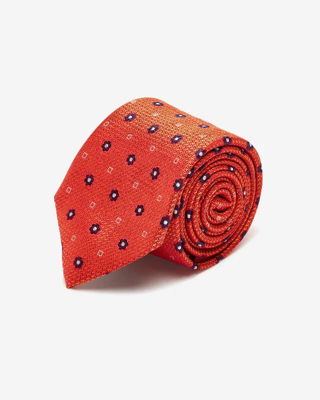 Stylish men's tie with floral design-Orange Floral Motif Silk Tie