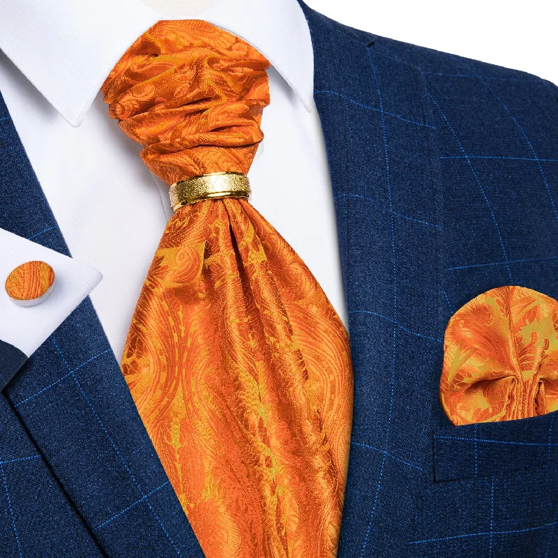 Men's tie for Christmas-Orange Floral Silk Cravat Woven Ascot Tie Pocket Square Cufflinks With Tie Ring Set