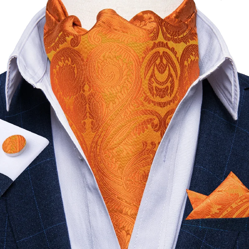 Men's tie with a solid color-Orange Floral Silk Cravat Woven Ascot Tie Pocket Square Handkerchief Suit Set