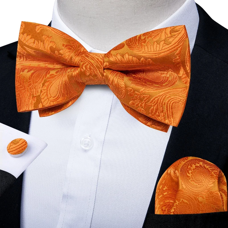 Men's tie with subtle stripes-Orange Floral Silk Men's Pre-Bowtie Pocket Square Cufflinks Set