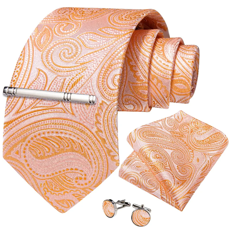 Best men's tie for corporate style-Orange Paisley Men's Tie Handkerchief Cufflinks Clip Set