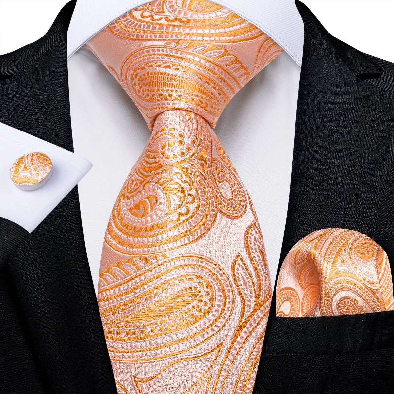 Men's tie for luxury events-Orange Paisley Men's Tie Pocket Square Cufflinks Set