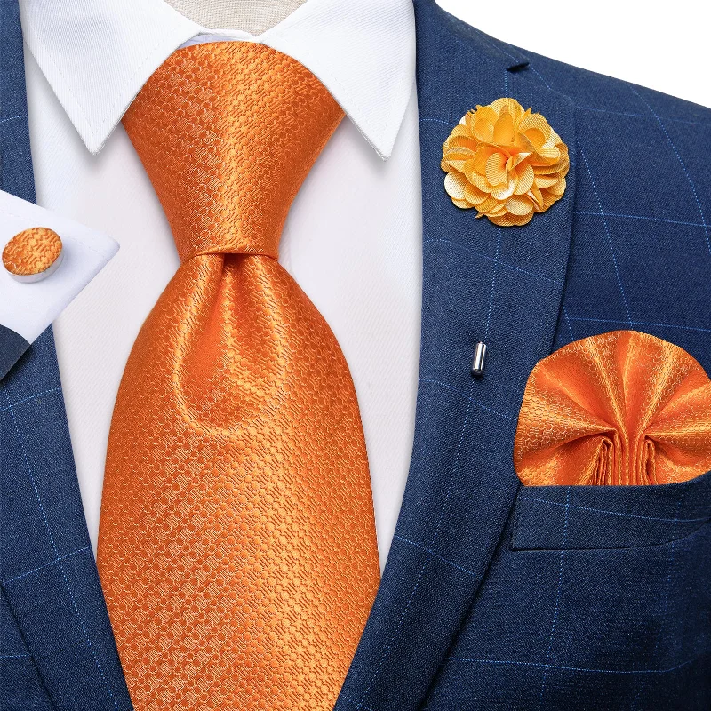 Best quality men's tie-Orange Plaid Silk Men's Necktie Handkerchief Cufflinks Set With Lapel Pin Brooch Set