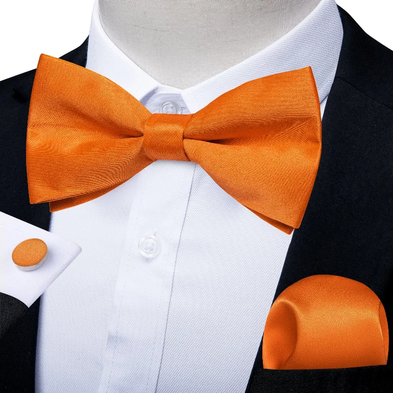 Men's high-quality designer tie-Orange Satin Men's Pre-Bowtie Pocket Square Cufflinks Set