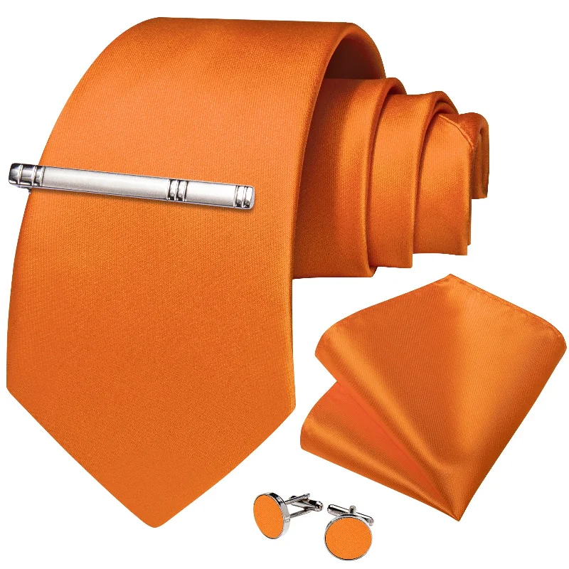 Men's tie for casual gatherings-Orange Solid Men's Tie Handkerchief Cufflinks Clip Set