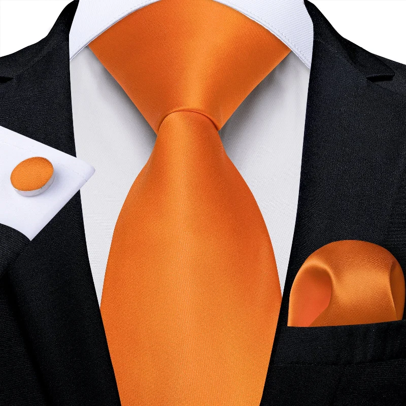 Custom men's necktie-Orange Solid Men's Tie Pocket Square Handkerchief Set