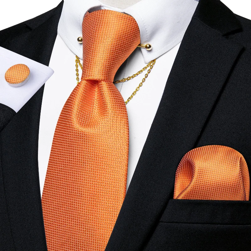 Men's tie for holiday parties-Orange Solid Silk Men's Tie Pocket Square Cufflinks with Collar Pin