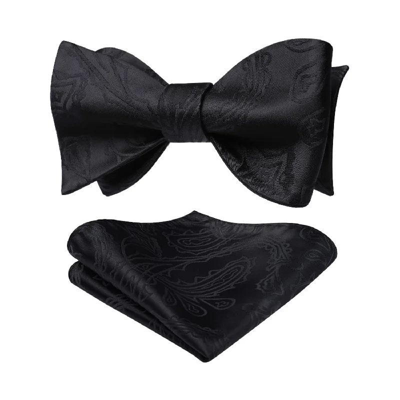 Men's tie for black tie occasions-Paisley Bow Tie & Pocket Square - 2-BLACK