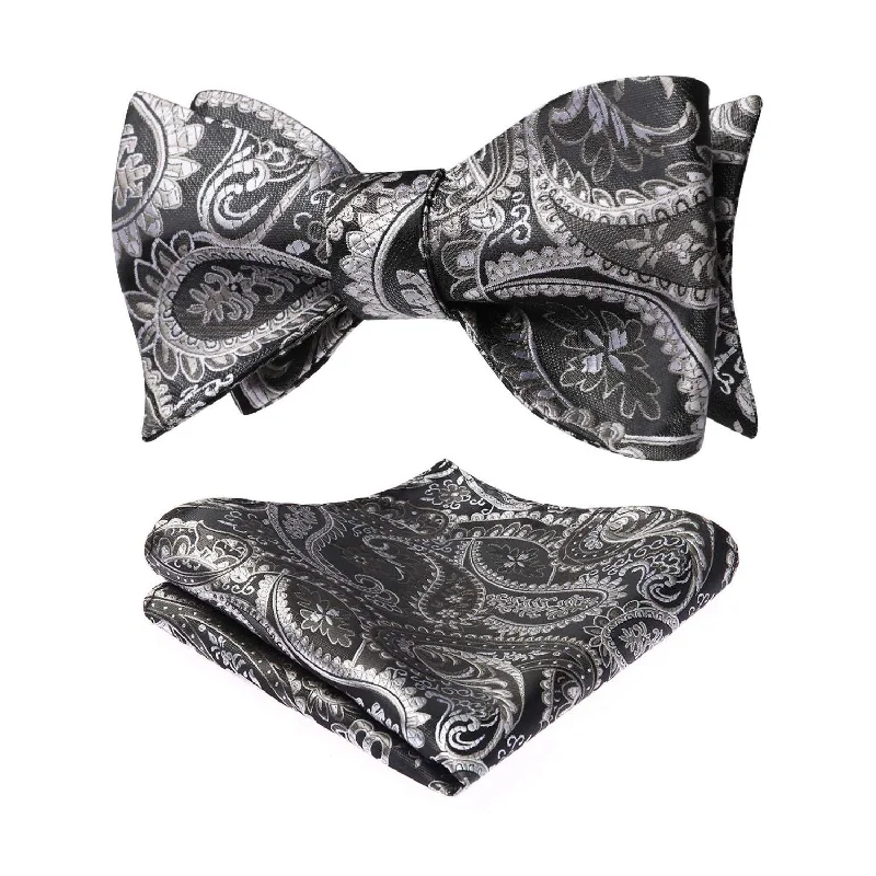 Classic men's silk necktie-Paisley Bow Tie & Pocket Square - B-DEEP GRAY