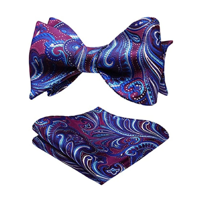 Formal men's neckties-Paisley Bow Tie & Pocket Square - B-PURPLE/BLUE-1