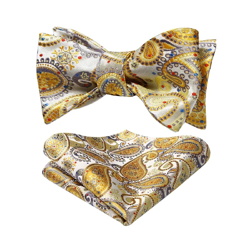 Men's necktie for upscale events-Paisley Bow Tie & Pocket Square - B-YELLOW/GRAY