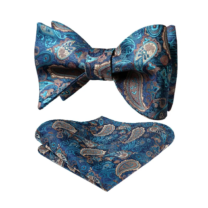 Men's tie for formal attire-Paisley Bow Tie & Pocket Square - E-AQUA/BROWN