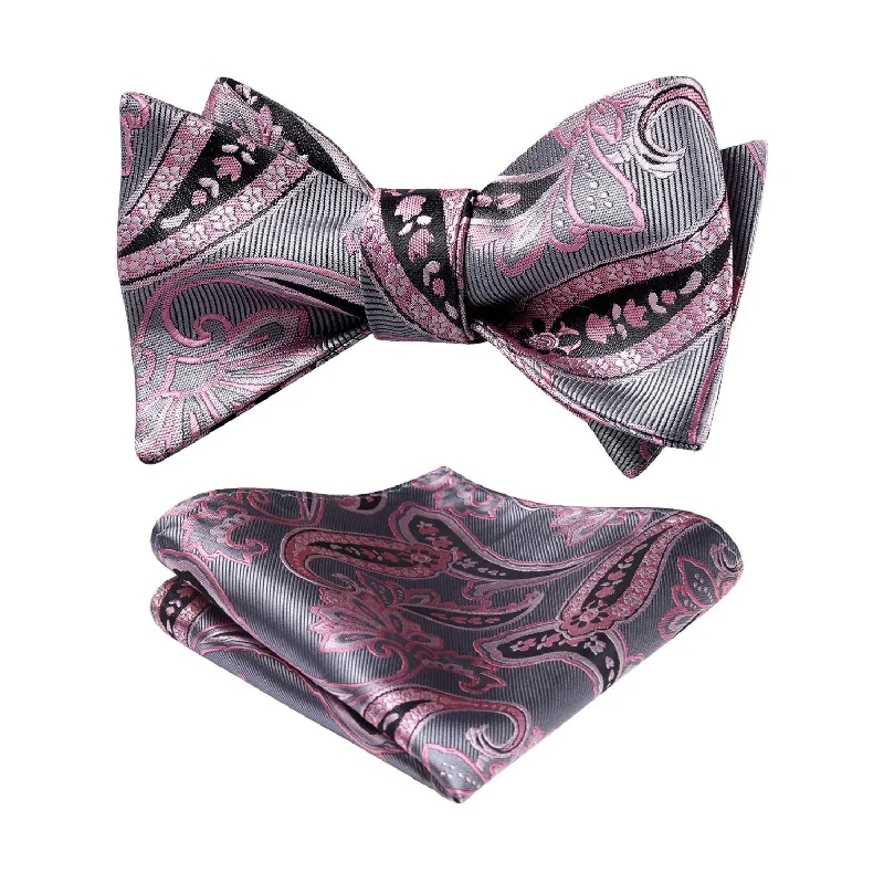 Elegant men's necktie for business events-Paisley Formal Bow Tie & Pocket Square - 04-PINK