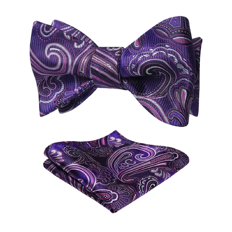 Stylish men's tie with a bold design-Paisley Formal Bow Tie & Pocket Square - A-PURPLE / PINK