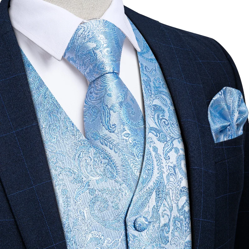 Men's tie with retro design-Paisley Jacquard Silk Waistcoat Vest Necktie Handkerchief Cufflinks Set in Blue