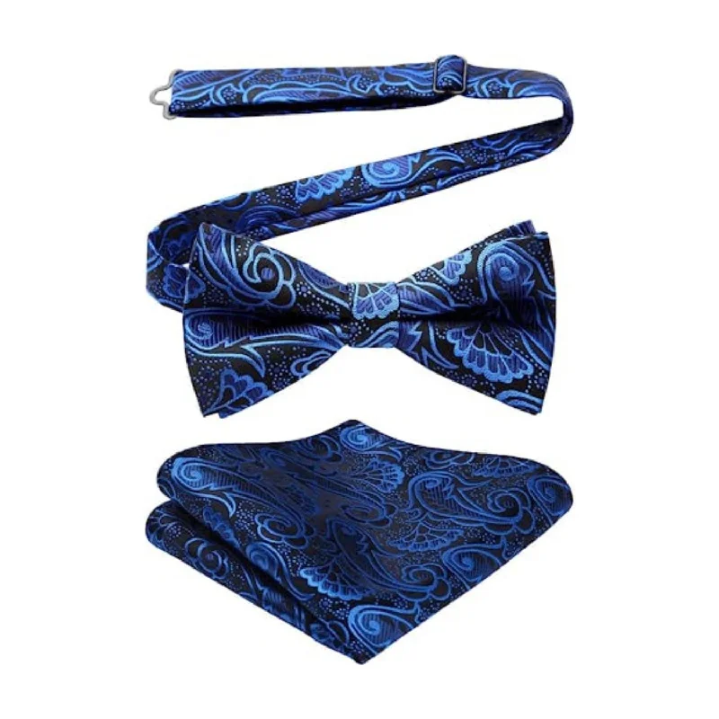 Men's classic tie for the office-Paisley Pre-Tied Bow Tie & Pocket Square - A-BLUE 1