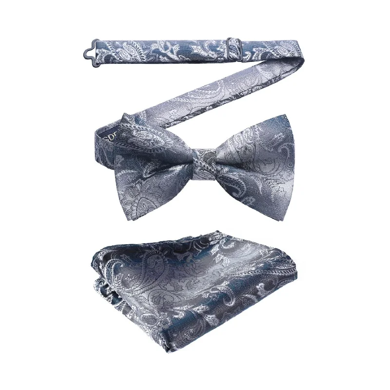 Men's modern necktie for business-Paisley Pre-Tied Bow Tie & Pocket Square - B-GRAY 2