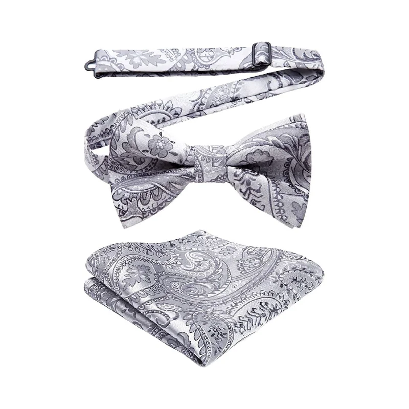 Men's tie with vibrant color-Paisley Pre-Tied Bow Tie & Pocket Square - B-GREY 1