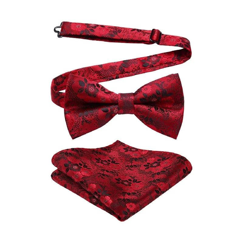 Designer men's ties-Paisley Pre-Tied Bow Tie & Pocket Square - BLACK/RED