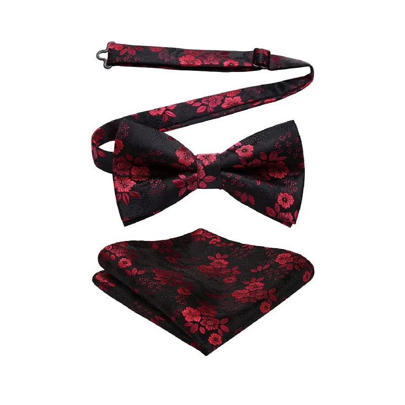 Men's tie for casual wear-Paisley Pre-Tied Bow Tie & Pocket Square - BLACK/RED