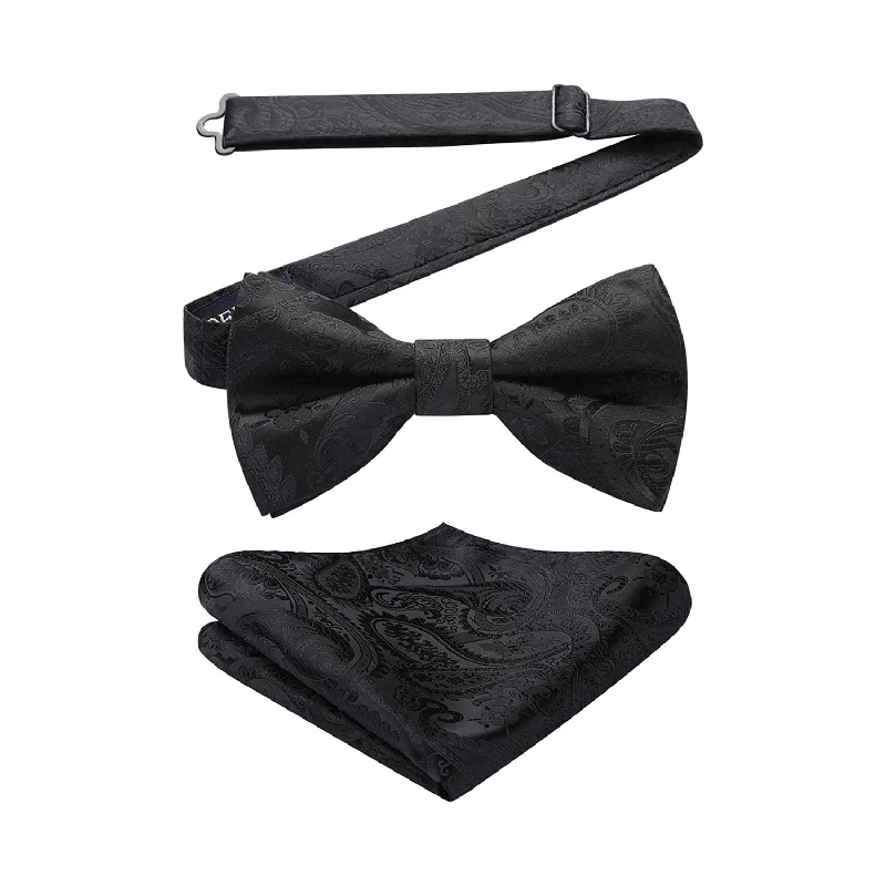 Modern men's necktie for work-Paisley Pre-Tied Bow Tie & Pocket Square - BLACK