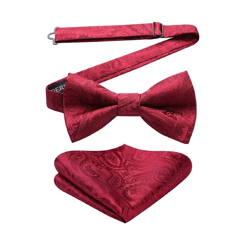 Unique men's tie for wedding-Paisley Pre-Tied Bow Tie & Pocket Square - BURGUNDY