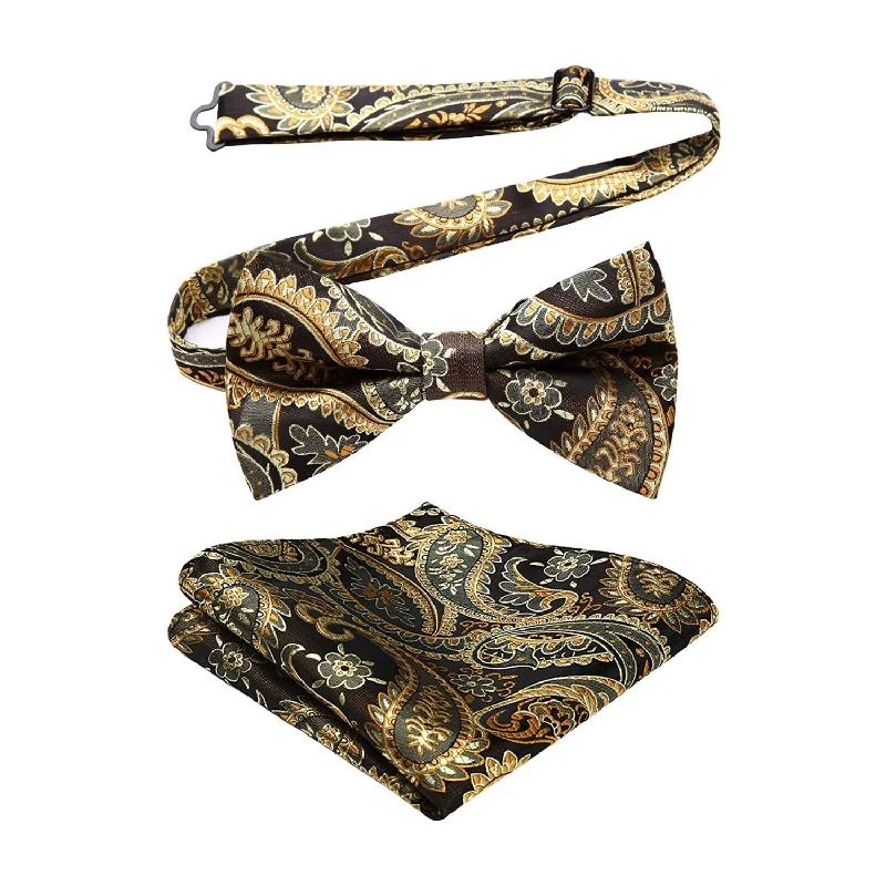 Men's tie for high-end occasions-Paisley Pre-Tied Bow Tie & Pocket Square - C-BROWN2