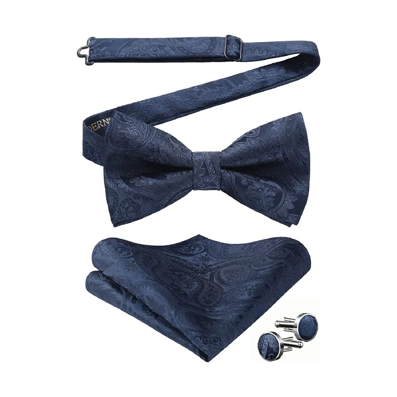 Men's tie for wedding parties-Paisley Pre-Tied Bow Tie Pocket Square Cufflinks - A01 - NAVY BLUE