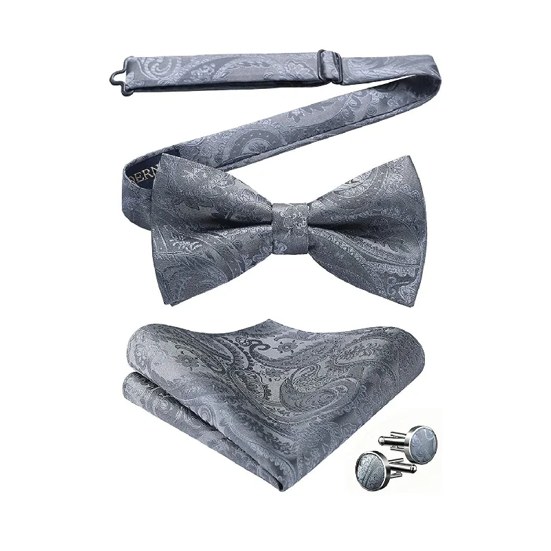 Men's solid color necktie-Paisley Pre-Tied Bow Tie Pocket Square Cufflinks - WHITE- GREY 2