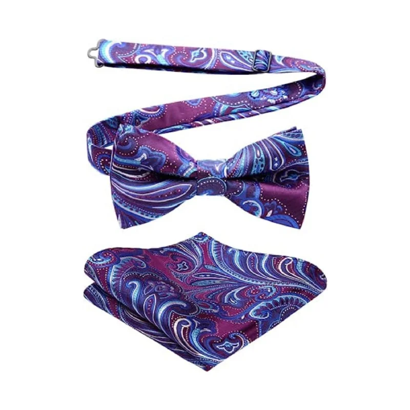 Affordable men's silk tie for events-Paisley Pre-Tied Bow Tie & Pocket Square - D-PURPLE 3