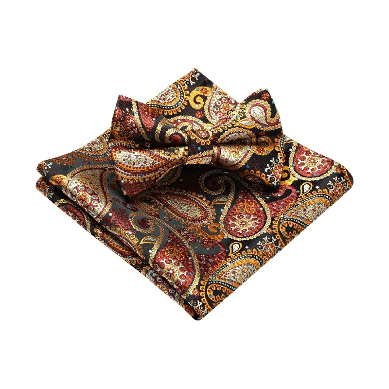 Luxury necktie for men-Paisley Pre-Tied Bow Tie & Pocket Square - F-ORANGE 2