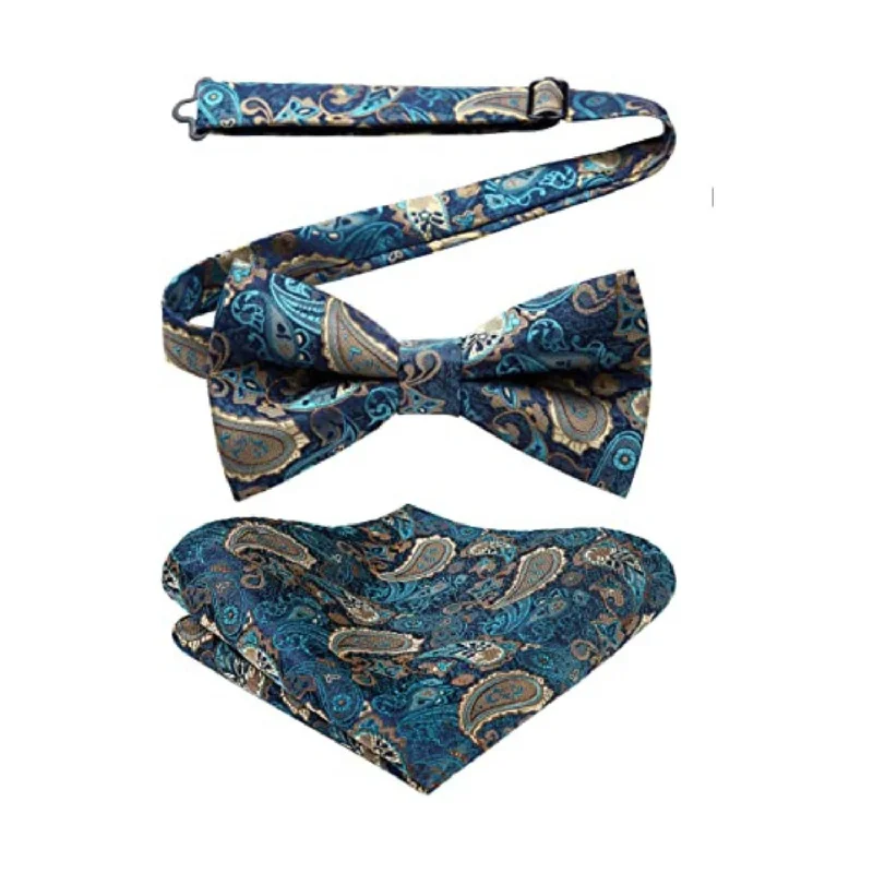 Men's tie with stripes-Paisley Pre-Tied Bow Tie & Pocket Square - G-GREEN 3