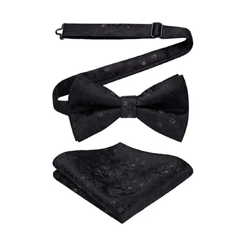 High-end men's necktie-Paisley Pre-Tied Bow Tie & Pocket Square - H-BLACK4