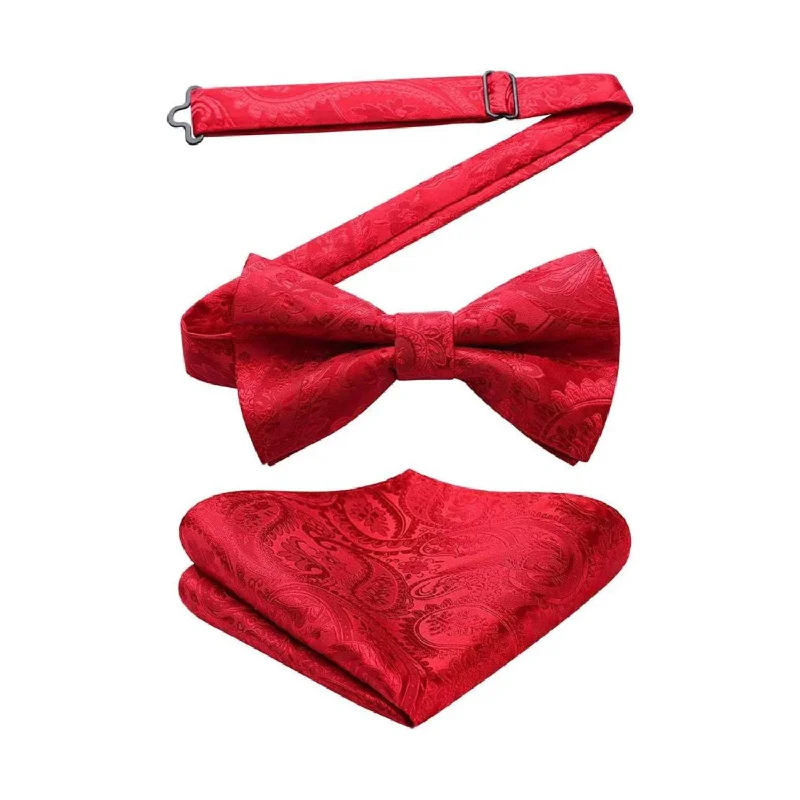 Classic men's silk necktie-Paisley Pre-Tied Bow Tie & Pocket Square - RED