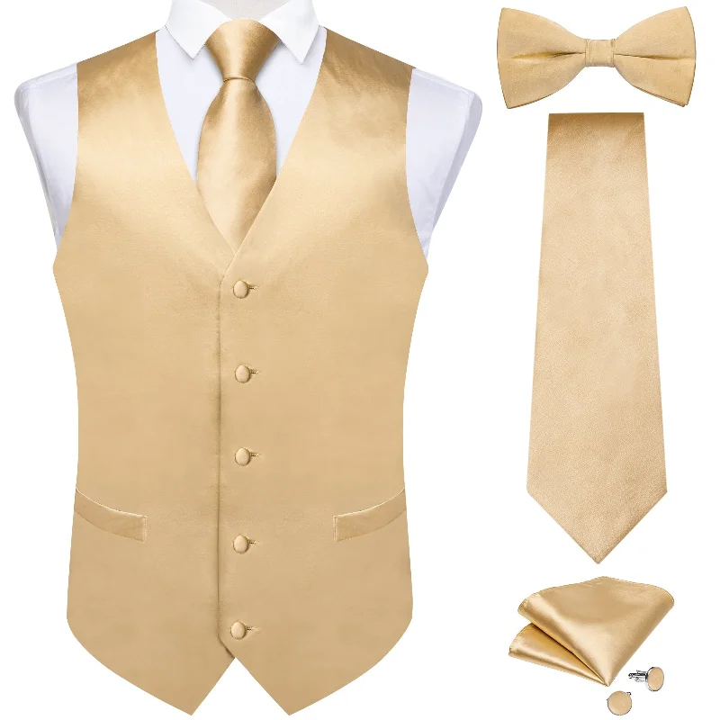 Men's classic tie for the office-Pale Yellow Solid Jacquard V Neck Vest Neck Bow Tie Handkerchief Cufflinks Set