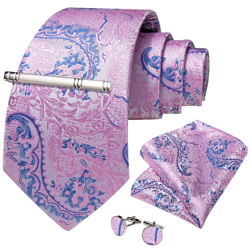 Men's silk tie for wedding season-Pink Blue Floral Men's Tie Handkerchief Cufflinks Clip Set