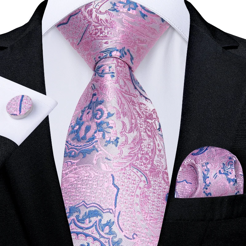 Men's tie with a chic modern pattern-Pink Blue Floral Men's Tie Handkerchief Cufflinks Set