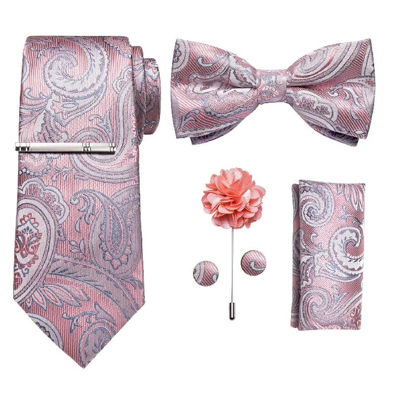 Men's tie for business-Pink Floral Bowtie Necktie  Hanky Cufflinks Brooch Clip Set