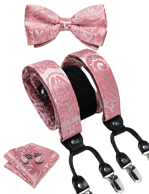 Men's tie for a formal interview-Pink Floral Brace Clip-on Men's Suspender with Bow Tie Set