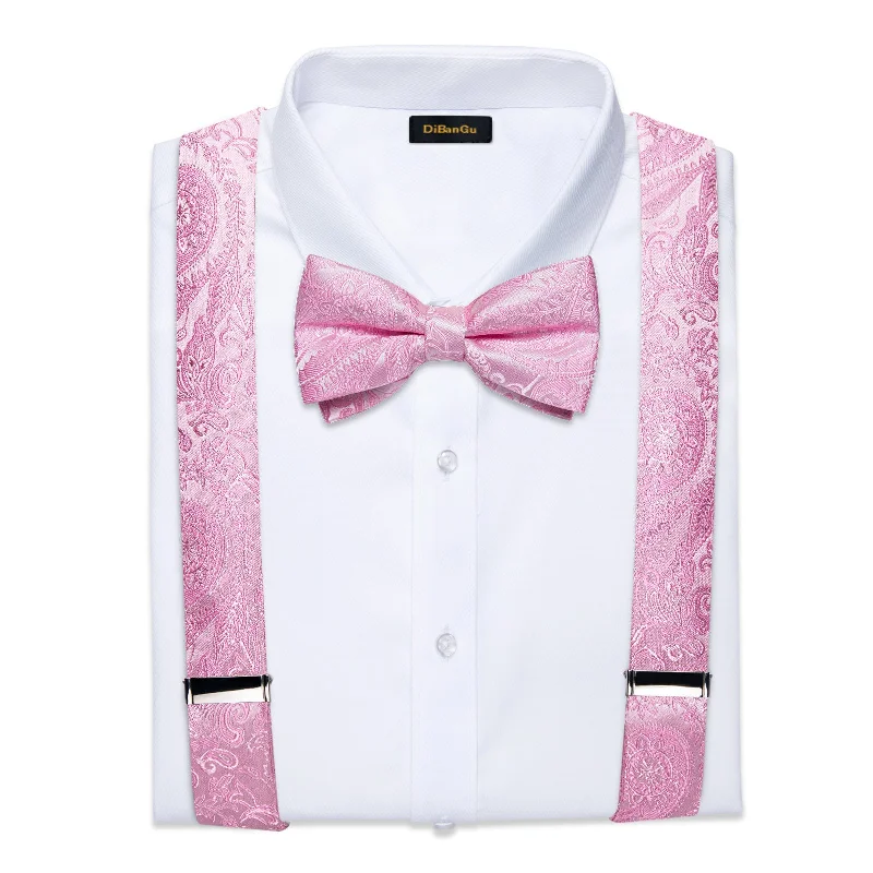 Men's tie for evening events-Pink Floral Brace Clip-on Men's Suspender with Bow Tie Set