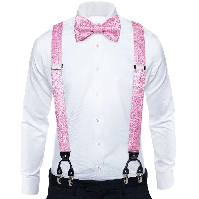 Men's tie with a textured weave-Pink Floral Brace Clip-on Men's Suspender with Bow Tie Set