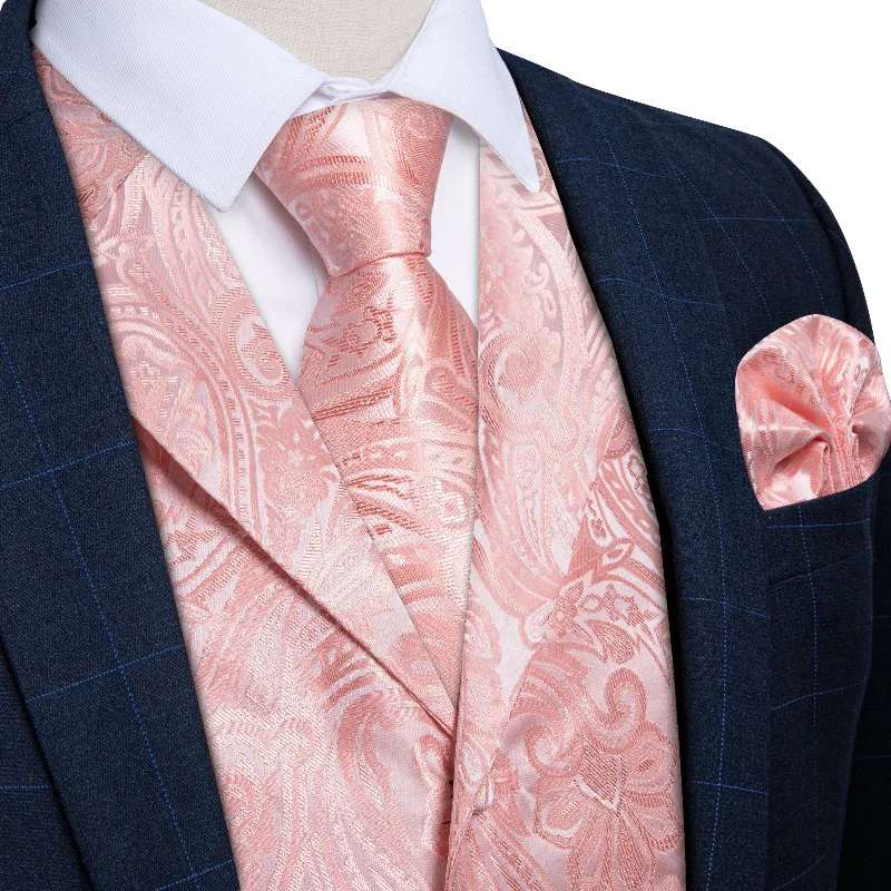 Men's tie for office attire-Pink Floral Jacquard V Neck Waistcoat Vest Tie Pocket Square Cufflinks Set