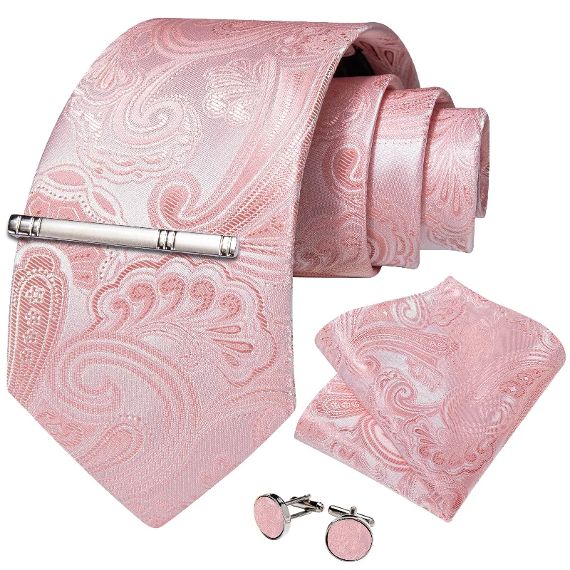 Men's classic tie for the office-Pink Floral Men's Tie Handkerchief Cufflinks Clip Set