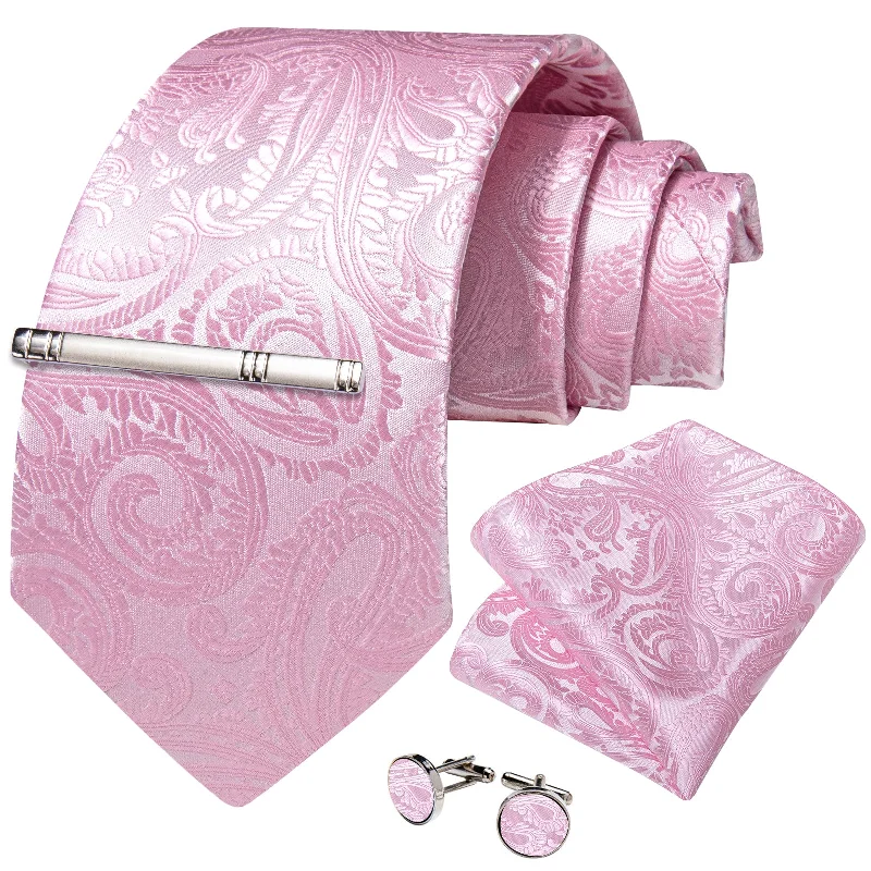 Casual office men's tie-Pink Floral Men's Tie Handkerchief Cufflinks Clip Set