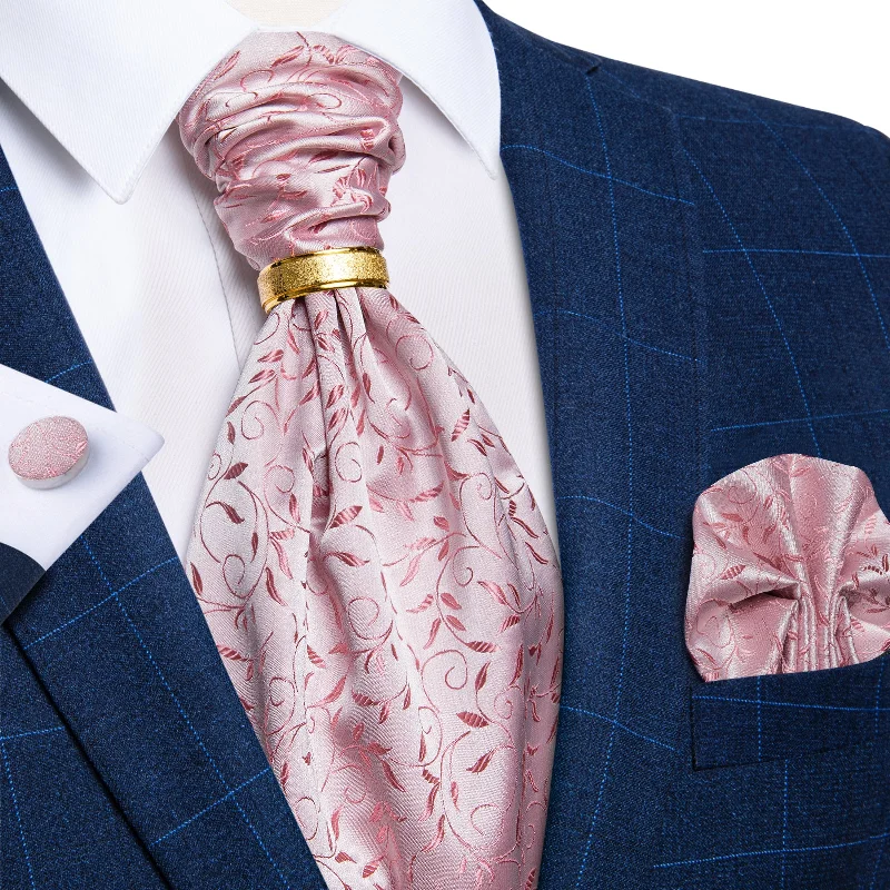 Men's tie for a date-Pink Floral Silk Cravat Woven Ascot Tie Pocket Square Cufflinks With Tie Ring Set