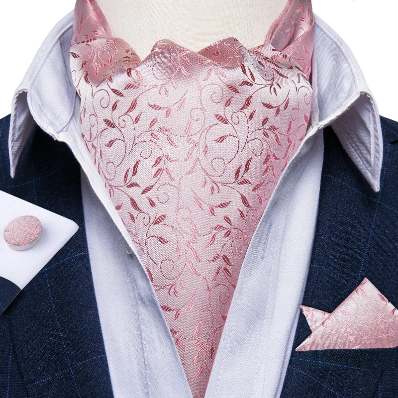 Men's tie for business casual-Pink Floral Silk Cravat Woven Ascot Tie Pocket Square Handkerchief Suit Set