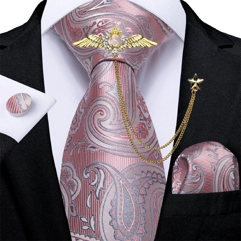 Luxury necktie for men-Pink Grey Paisley Tie Handkerchief Cufflinks Set With Wing Lapel Pin Set