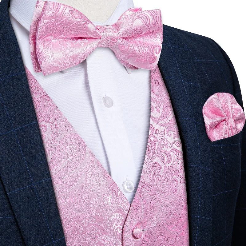 Men's silk tie for holiday season-Pink Paisley Jacquard Silk Waistcoat Vest Bowtie Pocket Square Cufflinks Set