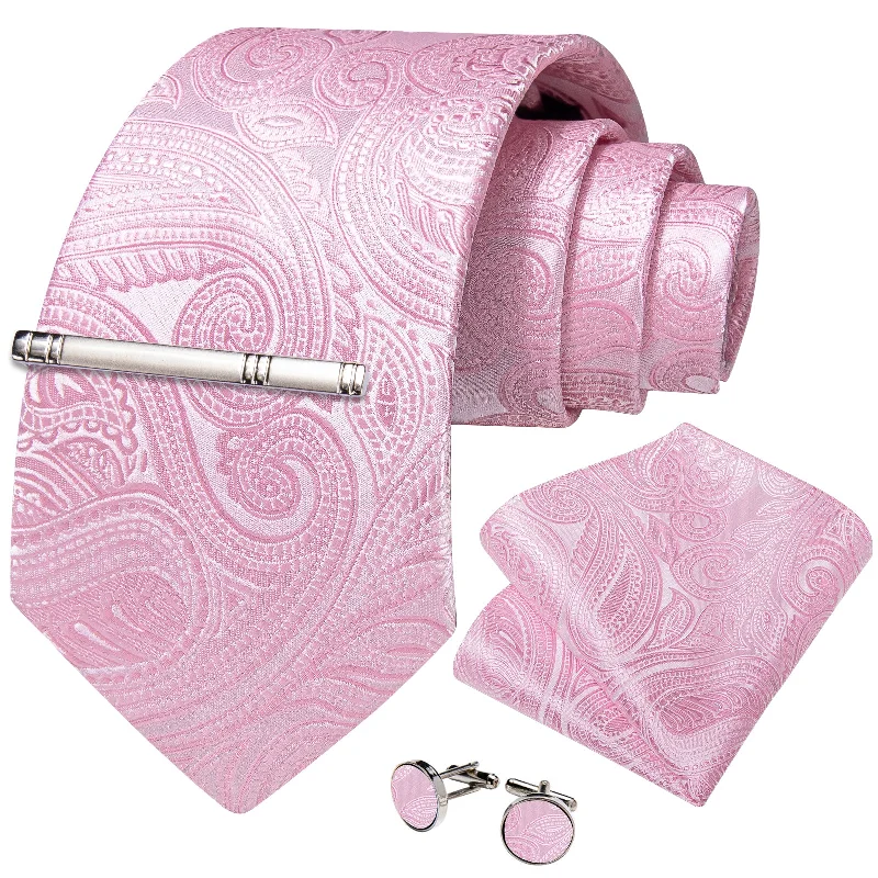 Simple men's tie for interviews-Pink Paisley Men's Tie Handkerchief Cufflinks Clip Set