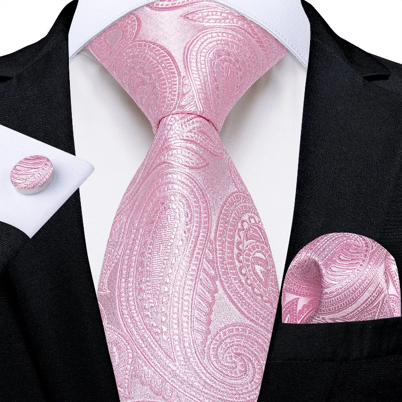 Modern men's tie with light patterns-Pink Paisley Men's Tie Pocket Square Cufflinks Set